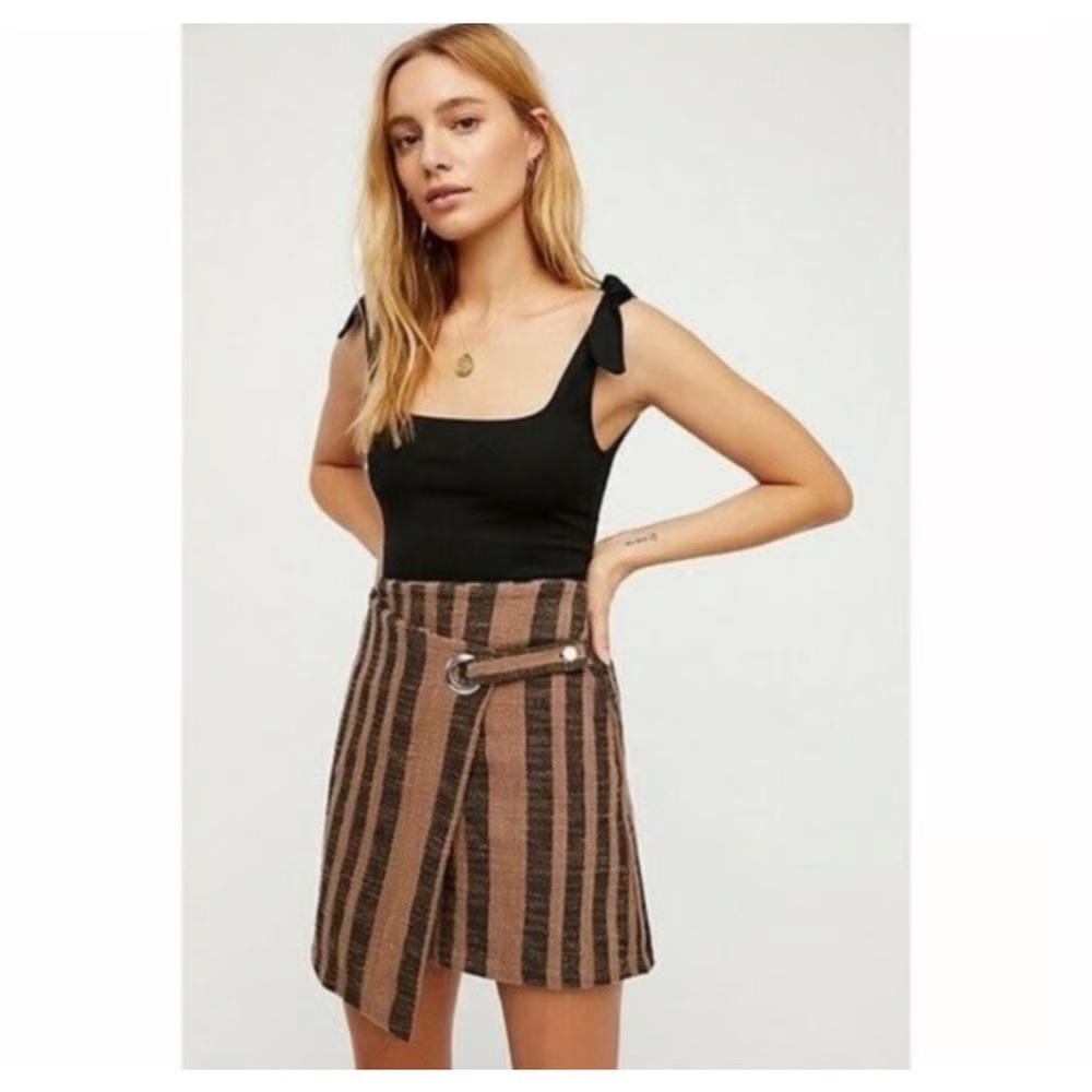 Free People Brown and Black Asymmetrical Wrap Mini Skirt